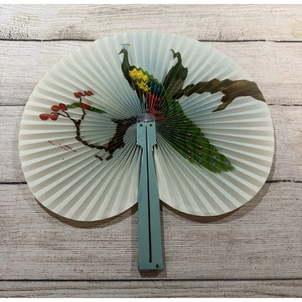 Vintage Chinese Paper Folding Metal Handle Fan Peacocks Cherry Blossoms Tub14